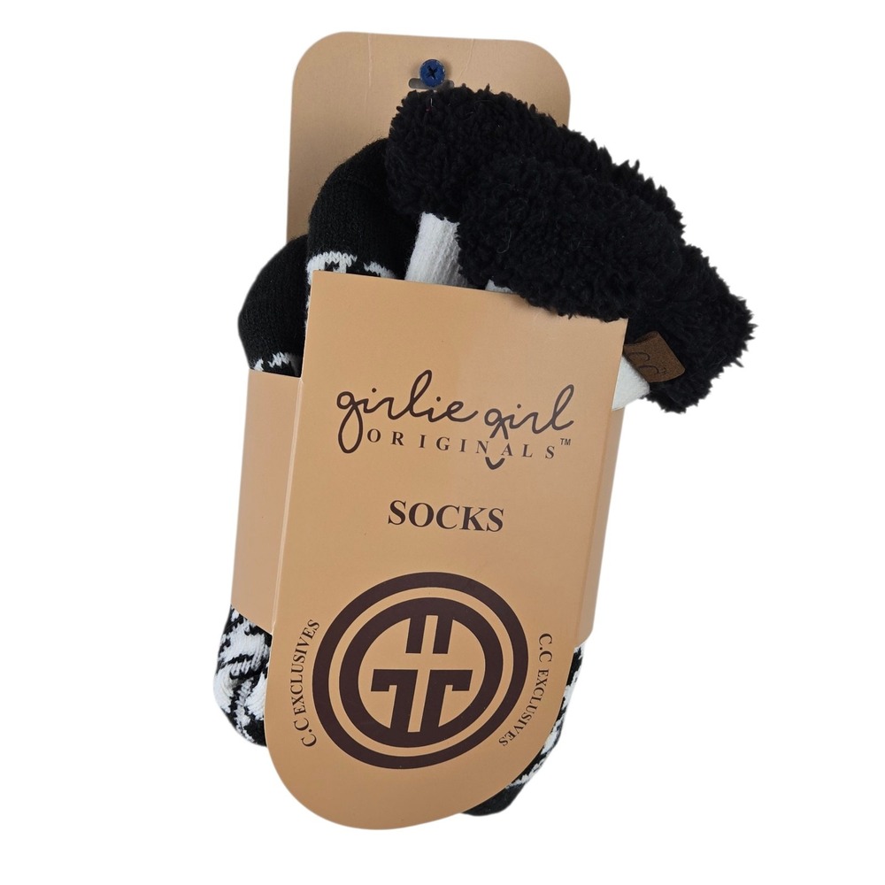 Girlie Girl Originals Socks Sherpa Lined Houndstooth Black White Size L NWT